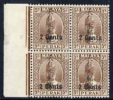 Malaya - Japanese Occupation Perak 1942-44 2c On 5c Brown Marginal Block Of 4, One Stamp With Raised Spacer Giving The I - Malaya (British Military Administration)