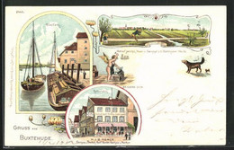 Lithographie Buxtehude, Restaurant Von H. J. B. Menck, Hafen - Buxtehude