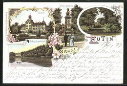 Lithographie Eutin, Schloss, Blick G. D. Angelbrücke, Weber Denkmal - Eutin