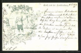 Lithographie Kahla, Leuchtenburg, Wanderjunge Mit Stock Und Hut - Kahla