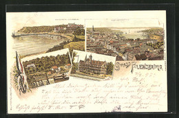 Lithographie Flensburg, Bad Kollund, Strandhotel Glücksburg, Kurhaus Gravenstein - Glücksburg