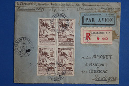 U21 MADAGASCAR  BELLE LETTRE RECO 1948 PAR AVION TANANARIVE  A  RIBERAC FRANCE+BLOC  T.P N°319  + AFFRANCH  INTERESSANT - Lettres & Documents