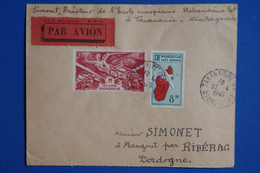 U21 MADAGASCAR  BELLE LETTRE  1949 PAR AVION TANANARIVE  A  RIBERAC FRANCE   + AFFRANCH  INTERESSANT - Luftpost