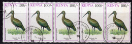 Kenya 1993-6 Birds Definitives 100/- Hadada Ibis Strip Of 5, Used, SG 603 (BA2a) - Kenya (1963-...)