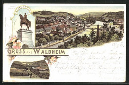 Lithographie Waldheim, Teilansicht, Kaiser-Standbild, Ortspartie Mit Brücke - Waldheim