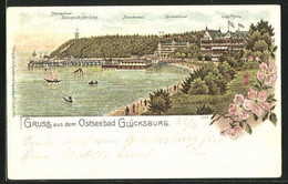 Lithographie Glücksburg, Strandhôtel & Logierhaus Mit Damenbad, Dampfschiffbrücke, Herrenbad - Glücksburg