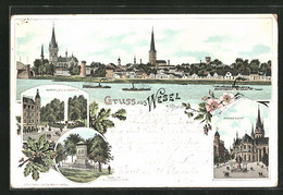 Lithographie Wesel A. Rhein, Kaiserplatz Mit Kaiserhof, Denkmal Der Schill`schen Offiziere, Grosser Markt - Wesel