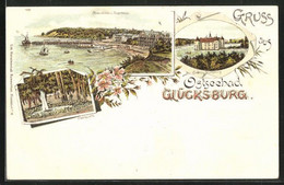 Lithographie Glücksburg, Strandhôtel Und Logierhaus, Schloss Glücksburg, Stahlquelle - Glücksburg