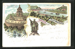 Lithographie Porta Westfalica, Teilansicht, Kaiser Wilhelm Denkmal Auf Dem Wittekindsberg - Porta Westfalica