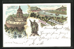 Lithographie Porta Westfalica, Teilansicht, Kaiser Wilhelm Denkmal Auf Dem Wittekindsberg - Porta Westfalica