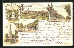 Lithographie Neumünster, Strassenpartie Grossflecken I, Rathaus, Drei-Kaiser-Denkmal - Neumünster