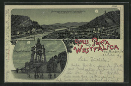 Mondschein-Lithographie Porta Westfalica, Der Mond Scheint über Der Stadt Und Dem Kaiser Wilhelm Denkmal - Porta Westfalica