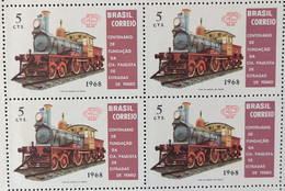C 622 Brazil Stamp Centenary Paulista Company Of Railroads Railroad Train 1968 Block Of 4 - Other & Unclassified