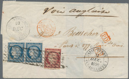 Guadeloupe: 1849 25c Blue Horizontal Pair And 1Fr Carmine, Attractive Franking With Rich Colors, Lar - Storia Postale