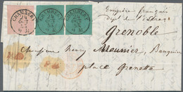 Italien - Altitalienische Staaten: Sardinien: 1853, SAVOY, 2 X 5 C Green And 40 C Rose, Tied By Cds - Sardaigne