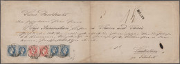 Österreich: 1871, 2 X 5 Kr Rosakarmin Und 4 X 10 Kr Blau, Jeweils Grober Druck, übergehend Entwertet - Storia Postale