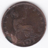 Grande Bretagne Half Penny 1875 H, Victoria , En  Bronze, KM# 754 - B. 1/2 Penny