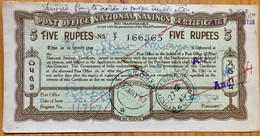 INDIA 1960 NATIONAL SAVINGS CERTIFICATE FIVE RUPEES, VERNERPUR POST MARK - Unclassified