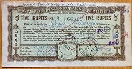 INDIA 1960 NATIONAL SAVINGS CERTIFICATE FIVE RUPEES, VERNERPUR POST MARK - Sin Clasificación