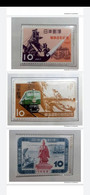 L) 1956 - 1958 JAPAN, INDUSTRY, STATUE, TRAIN, RAILWAY, SAKURA, THREE STAMPS, ALBUM PAGE NO INCLUDED - Other & Unclassified