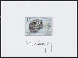 BELGIUM (1999) Little Owl (Athene Noctua). Deluxe Proof Of Non-issued Stamp Signed By The Designer Eric Daniels - Proeven & Herdruk