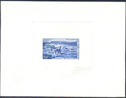 ST. PIERRE & MIQUELON (1969) Horses Grazing. Die Proof In Blue Signed By The Engraver MONVOISIN. Scott No C41 - Imperforates, Proofs & Errors