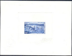 ST. PIERRE & MIQUELON (1969) Horses Grazing. Die Proof In Blue Signed By The Engraver MONVOISIN. Scott No C41 - Non Dentelés, épreuves & Variétés