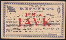 U.S.A. (1930) Radio Amateur Connection Acknowledgement Card. 1 Cent Bicolor Postal Card From "1AVK" In South Manchester - 1921-40