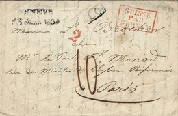 1836- Lettre De GENEVE  Pour Paris- Entrée SUISSE /PAR / FERNAY Rouge -taxe 10 D. + 2 - Entry Postmarks