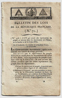 Bulletin Des Lois N°71 Vendémiaire An III 1794 Tribunal De Police Correctionnelle De Paris/Armée Sambre Et Meuse, Nord - Décrets & Lois