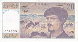 BILLETE DE FRANCIA DE 20 FRANCS DEL AÑO 1980 SERIE Y.002  (BANKNOTE) CLAUDE DEBUSSY - 20 F 1980-1997 ''Debussy''