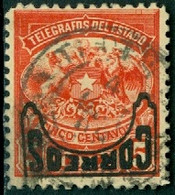 CHILE 1904 TELEGRAPH STAMPS VALIDATED FOR POSTAGE, 5c INVERTED OVERPRINT ERROR, USED - Cile
