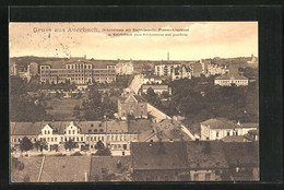 AK Auerbach I.V., Schulstrasse Mit Zentralschule, Bismarckdenkmal Und Reichsbank Vom Schlossturm Aus Gesehen - Auerbach (Vogtland)