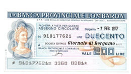1977 - Italia - Banca Provinciale Lombarda - Società Editrice Giornale Di Bergamo S.r.l. ---- - [10] Assegni E Miniassegni