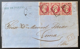 Lettre Empire N°17 Bde De 3 Obl Paris Losange K + PP + Griffe Bleue "Voie De PANAMA" RR Pour Lima Au Pérou Signé Calves - 1853-1860 Napoleon III
