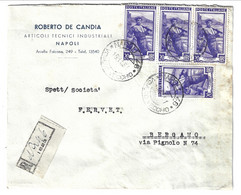 1951 ITALIA AL LAVORO Raccomandata Da Napoli Per Bergamo. Busta Pubblicitaria "ROBERTO DE CANDIA Art. Tecnici" - 1946-60: Marcophilia