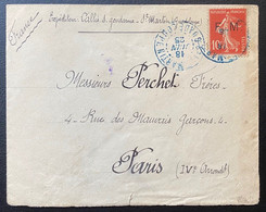 Lettre FM Semeuse N°5 Obl Dateur De Saint Martin Guadeloupe En Bleu Pour Paris (ex Collection Desarnaud) RR Signé Calves - Timbres De Franchise Militaire