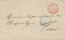 1851- PARIS Cad De Port Du Bleu 15 C Barré Et Cad  PARIS 2 FRANCHISE 2  Rouge - Autres & Non Classés