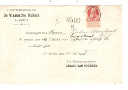 103REF/ TP 74 GB S/Reçu De 5 Frs " De Vlaamsche Ruiters"  Ste Kruis C. Ste Croix 1908 Verso C. Bruges Départ 27/5/1908 - 1905 Grove Baard