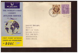 Lettre 1952 First Flight London Johannesburg BPAC Comet Jetliner Premier Vol Grande Bretagne Londres - Briefe U. Dokumente