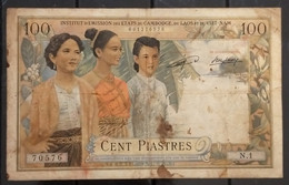 French Indochine Indochina Vietnam Viet Nam Laos Cambodia 100 Piastres VF Banknote Note 1954 - Pick # 103 / 02 Photos - Indochina