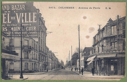 CPA Vue Peu Courante - HAUTS DE SEINE - COLOMBES - AVENUE DE PARIS - Animation, Cafés, Publicité BHV Paris - E.M. / 3973 - Colombes