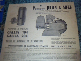 Vieux Papier Publicité Document Technique Avec Schéma Pompe Hydraulique Gallia 104 & 204  Julien Et Mége  à Lyon - Europe