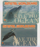 Singapore Phonecards Singtel Worldcard Used  Dolphin Whale Save The Ocean 2 Cards - Delfines