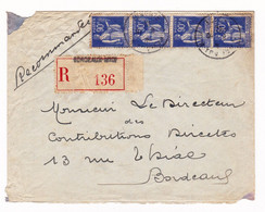 Lettre 1941 Recommandé Bordeaux Gironde Bande De 4 Paix 90c - 1932-39 Vrede