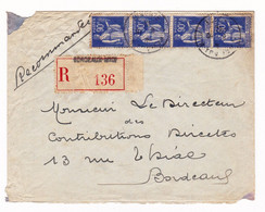 Lettre 1941 Recommandé Bordeaux Gironde Bande De 4 Paix 90c - 1932-39 Frieden