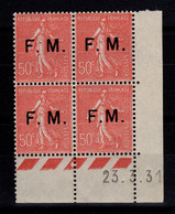 Coin Daté - YV FM 6 N** Avec Variete 6c (M Rapproché) Coin Daté Du 23.3.31 , Franchise Militaire Cote 100 Euros - 1930-1939