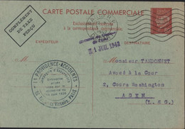 Entier Pétain 8Pc Rouge Carton Vert Carte Commerciale Interzone Storch B2 Complément Taxe Perçue Chambre Commerce Paris - Cartes Postales Types Et TSC (avant 1995)