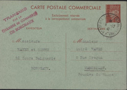 Entier Pétain 8Pc Rouge Carton Vert Carte Commerciale Interzone Storch B1 Transmis Chambre Commerce Bordeaux - Standard Postcards & Stamped On Demand (before 1995)