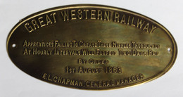 Plaque En Laiton Great Western Railway 1st August 1863 E. L. Chapman General Manager Train Chemin De Fer - Railway